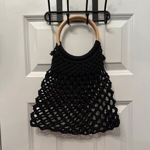 Handmade Black Knitted Tote Bag with Wooden Handles